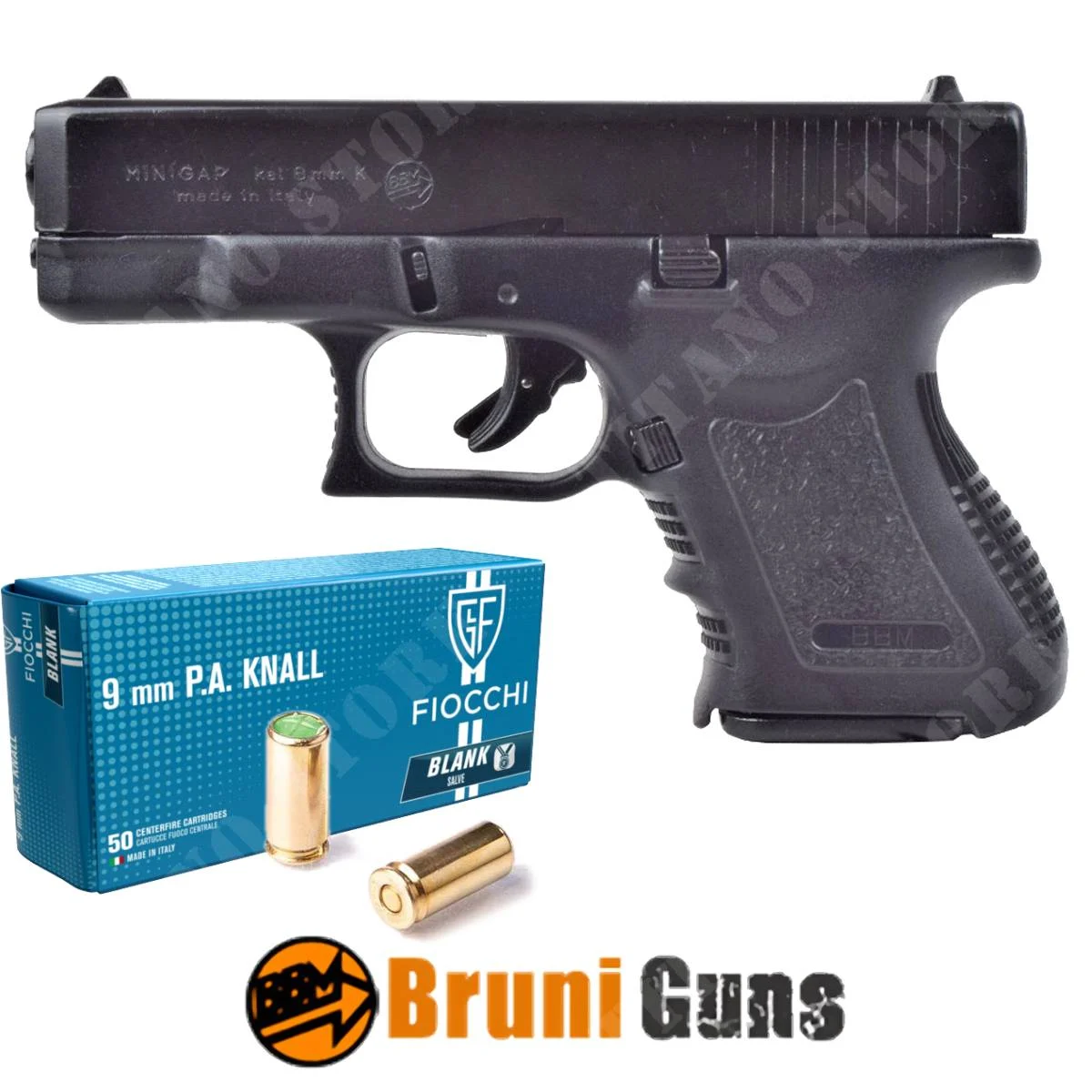 KIT DE PISTOLA DE DEFENSA MINIGAP 9MM NEGRA + CARTUCHOS BRUNI (BR-1100 + CARTUCHOS)