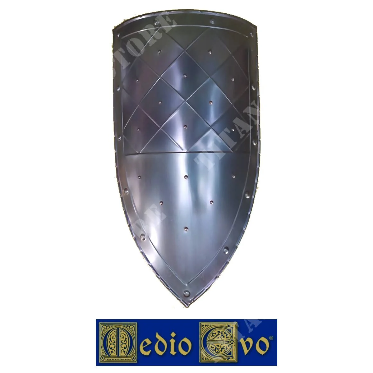 ESCUDO MEDIEVAL DE HIERRO CON MOTIVO DE DIAMANTES EN LA PARTE ALTA EDAD MEDIA (007/1D.03)