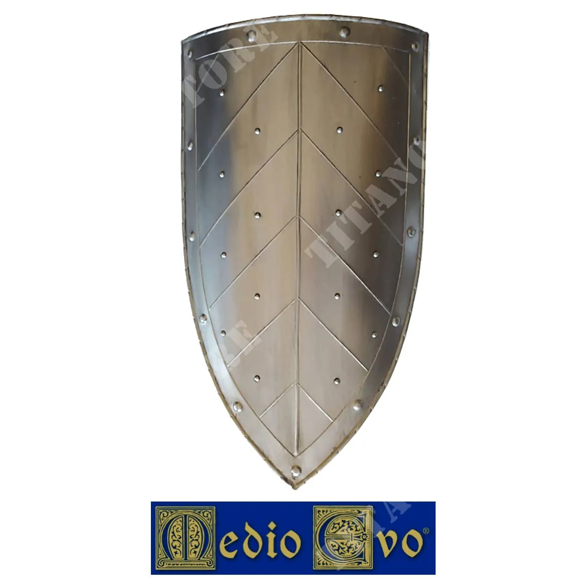 ESCUDO MEDIEVAL DE HIERRO CON BANDAS DE HOJAS EDAD MEDIA (007/1E.03)
