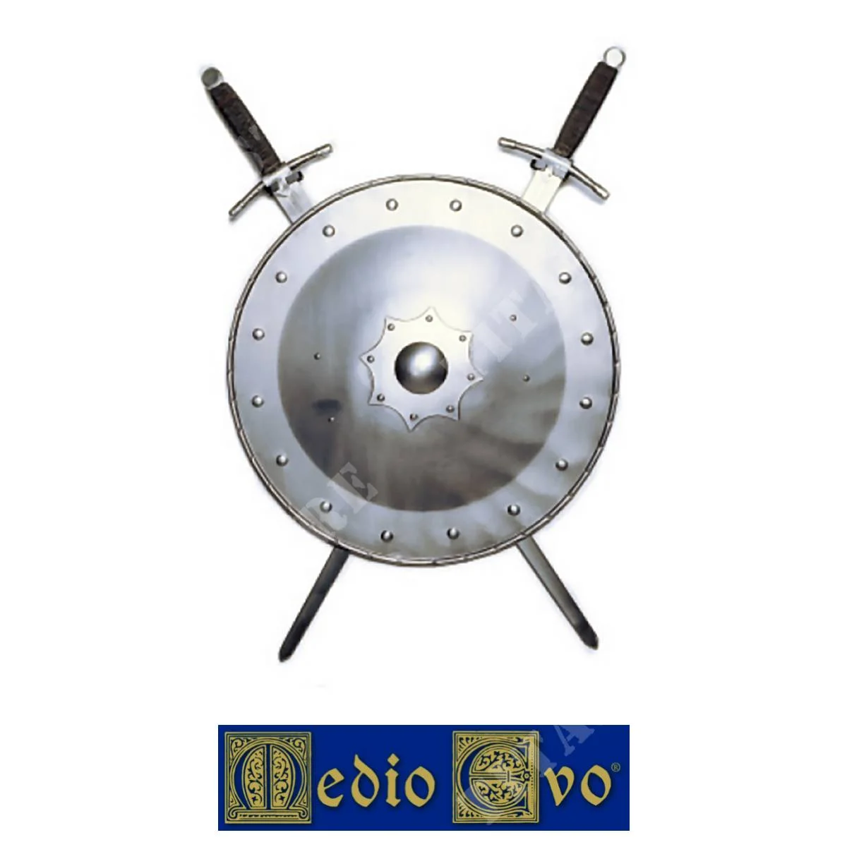 ESCUDO DE RUEDA DE HIERRO CLAVADO CON 2 ESPADAS DE LA EDAD MEDIA (007/3C.03)