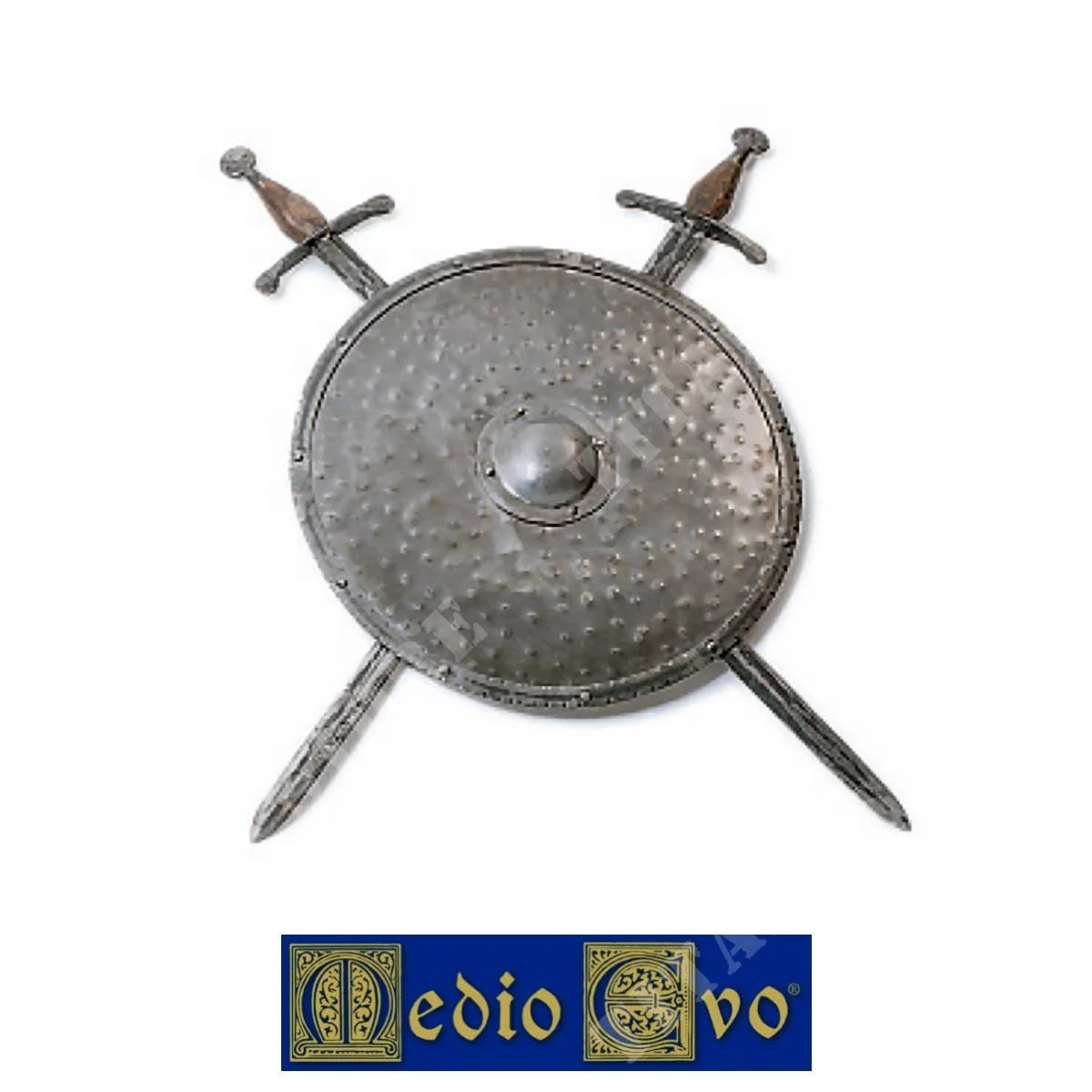ESCUDO RUEDA DE HIERRO CON 2 ESPADAS DE LA EDAD MEDIA (18/AC.01)