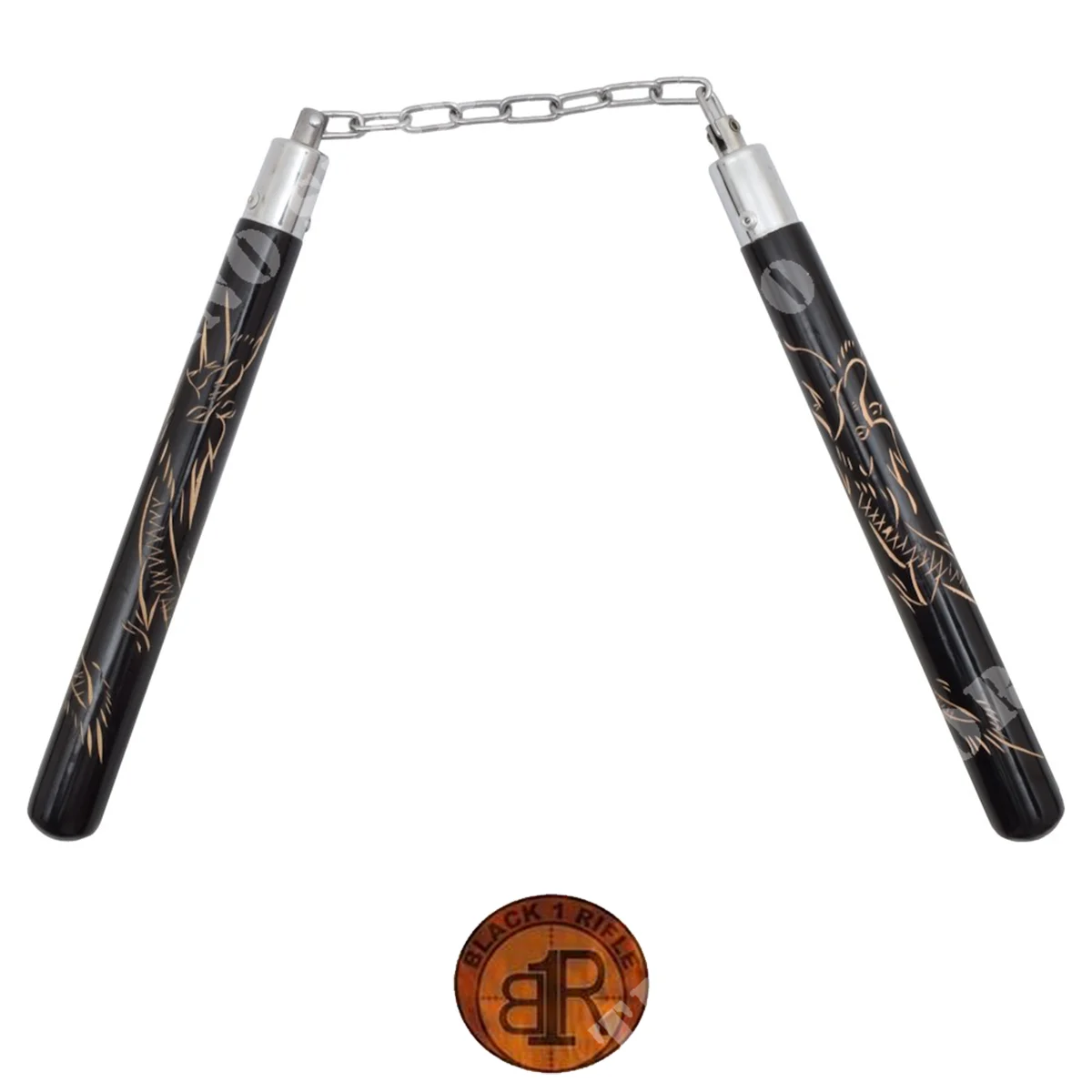 NUNCHAKU DE MADERA NEGRO CON DRAGÓN GRABADO (253)