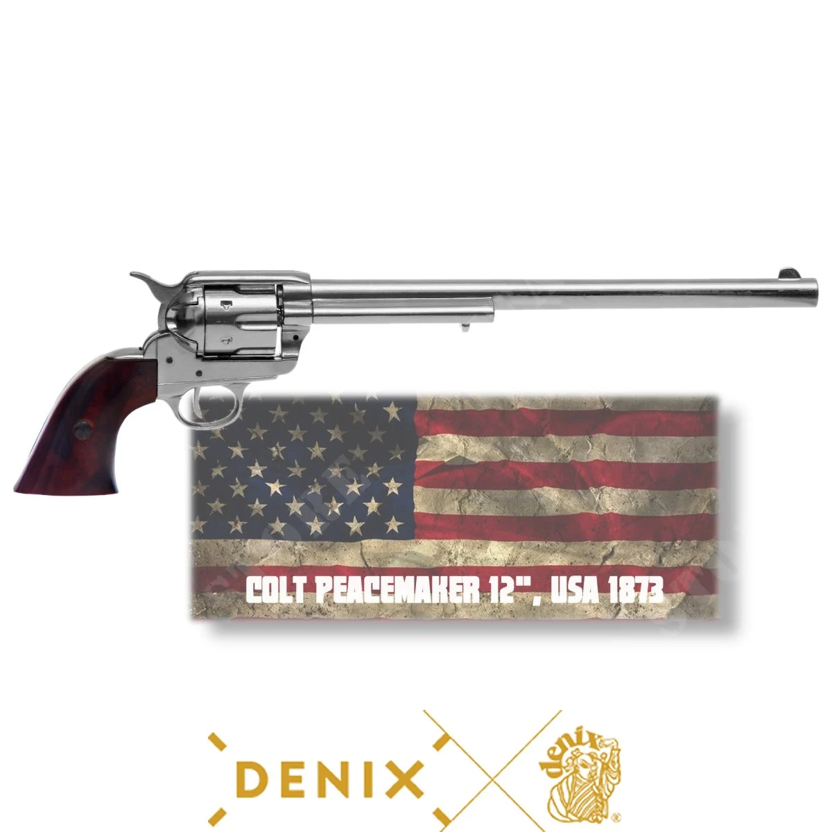 RÉPLICA DE REVÓLVER C.45 PEACEMAKER 12''USA 1873 CROMADO DENIX (06303)