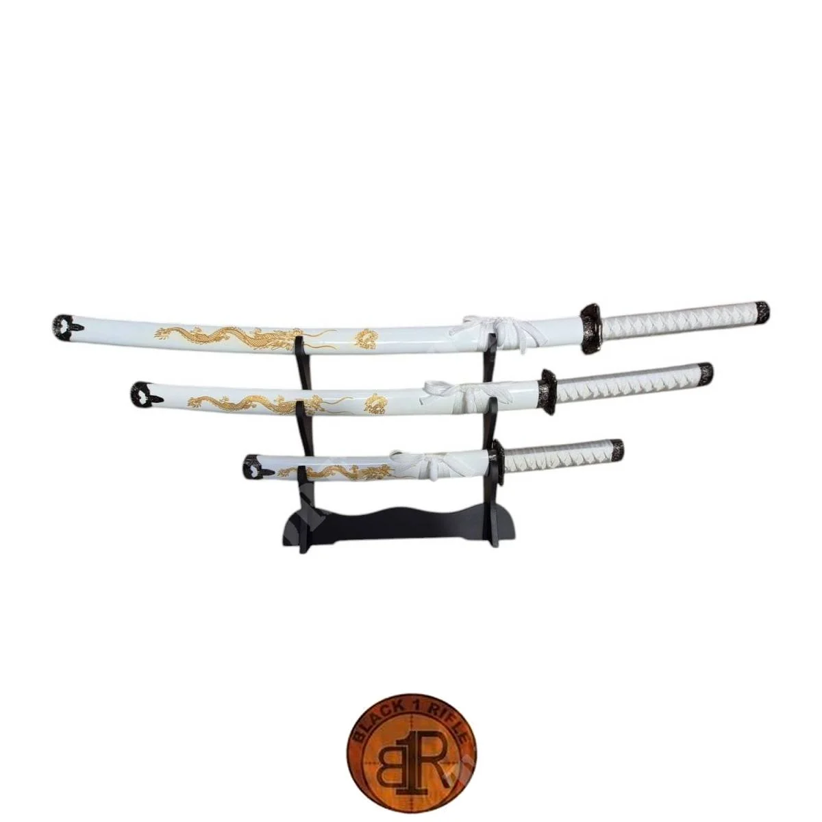 JUEGO DE 3 KATANAS BLANCAS CON DRAGÓN DORADO (ZS9640)