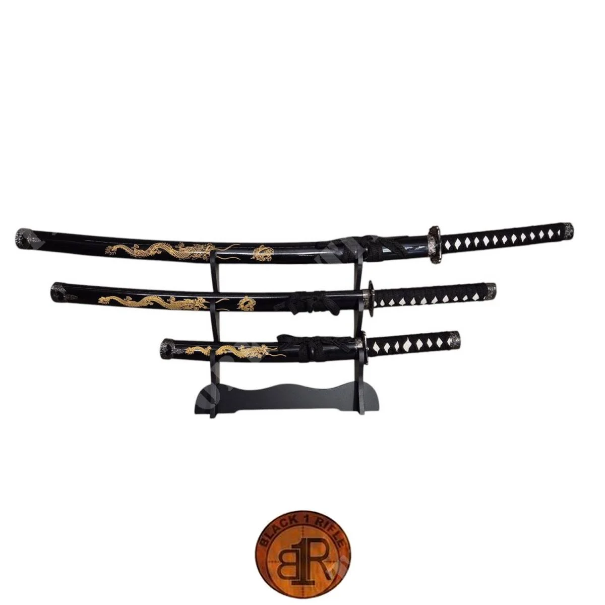 JUEGO DE 3 KATANAS NEGRAS CON DRAGÓN DORADO (ZS9640A)