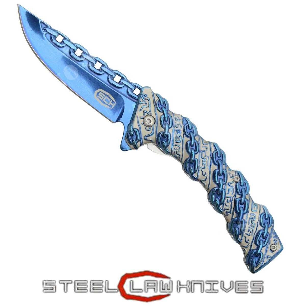 CUCHILLO DE CADENA AZUL ARCOÍRIS CON APERTURA ASISTIDA (CW-042)
