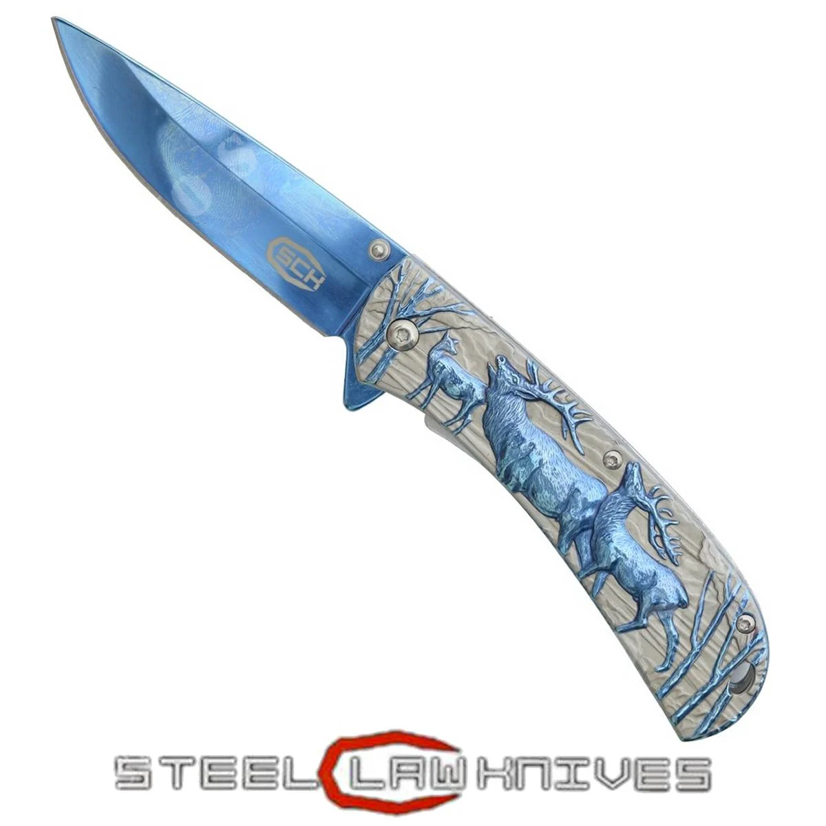 CUCHILLO DE CIERVO AZUL ARCOÍRIS CON APERTURA ASISTIDA (CW-046)