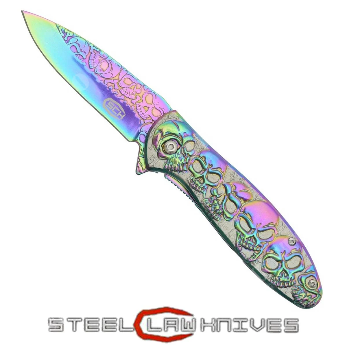 CUCHILLO DE CALAVERA ARCOÍRIS 3D CON APERTURA ASISTIDA (CW-049)