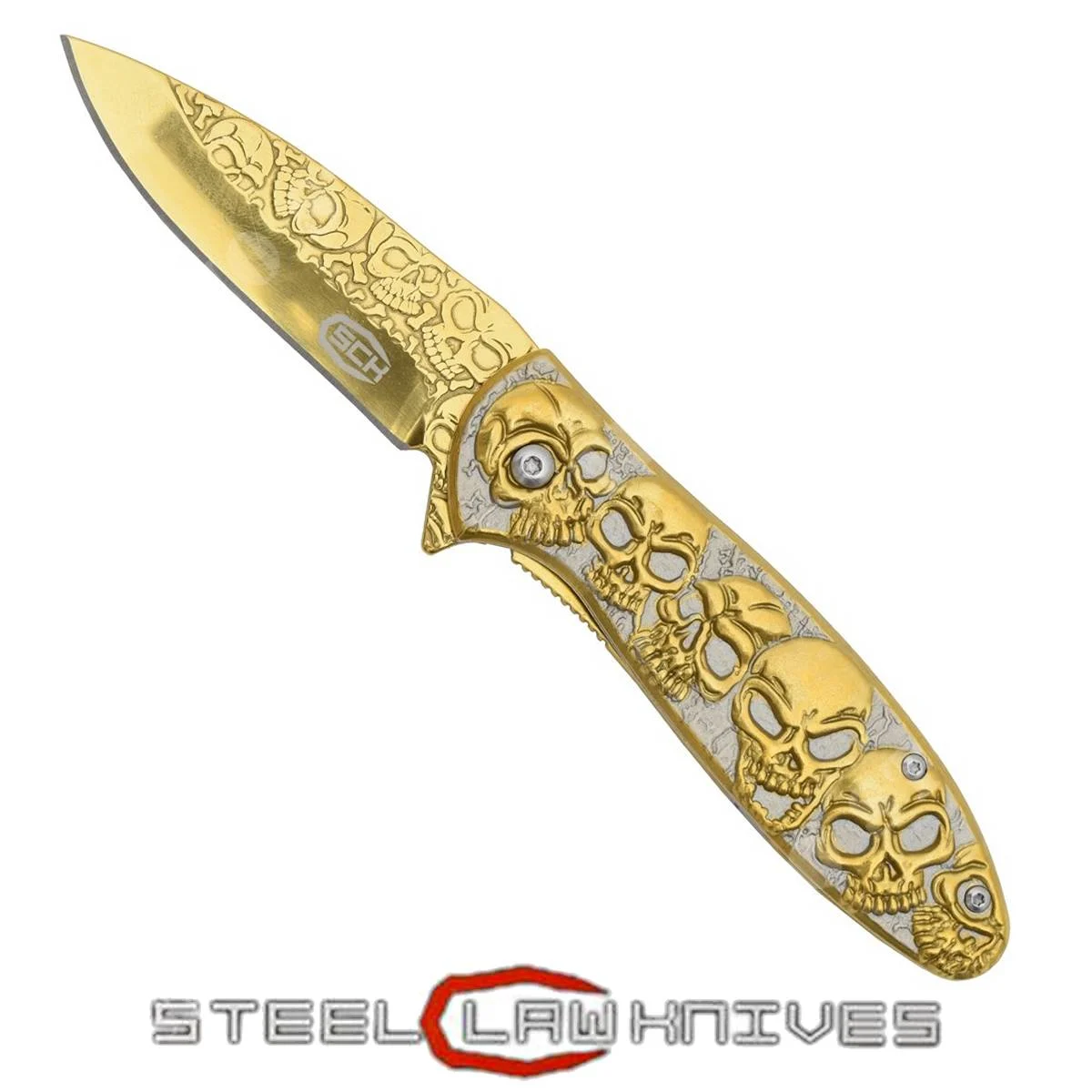 CUCHILLO DE CALAVERA DORADA 3D CON APERTURA ASISTIDA (CW-050)