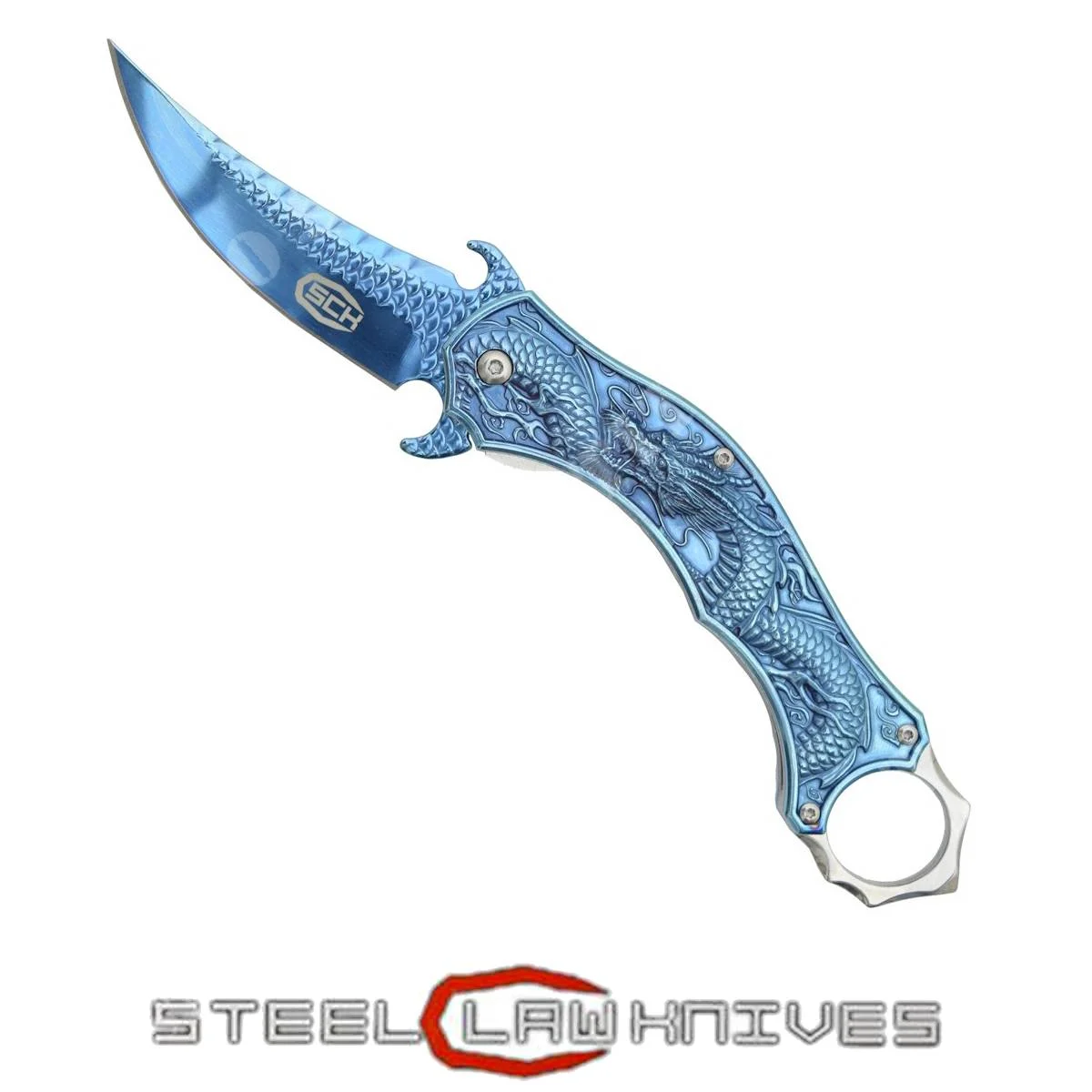 CUCHILLO KARAMBIT AZUL ARCOÍRIS DRAGÓN CON APERTURA ASISTIDA (CW-038)