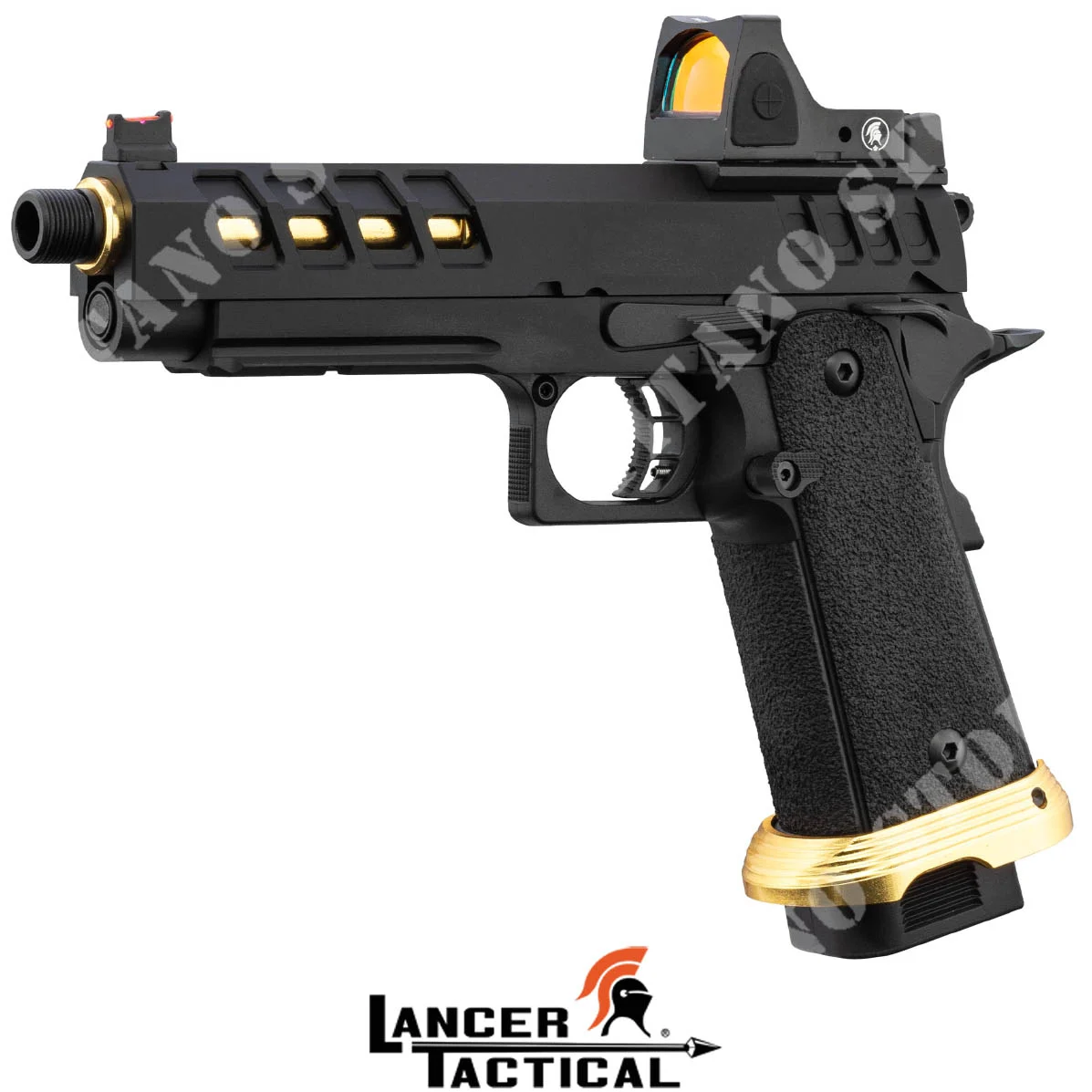 Pistola de gas HERACLES 5.1 negra/dorada con punto rojo Lancer Tactical (LTX-9BG-MD1)