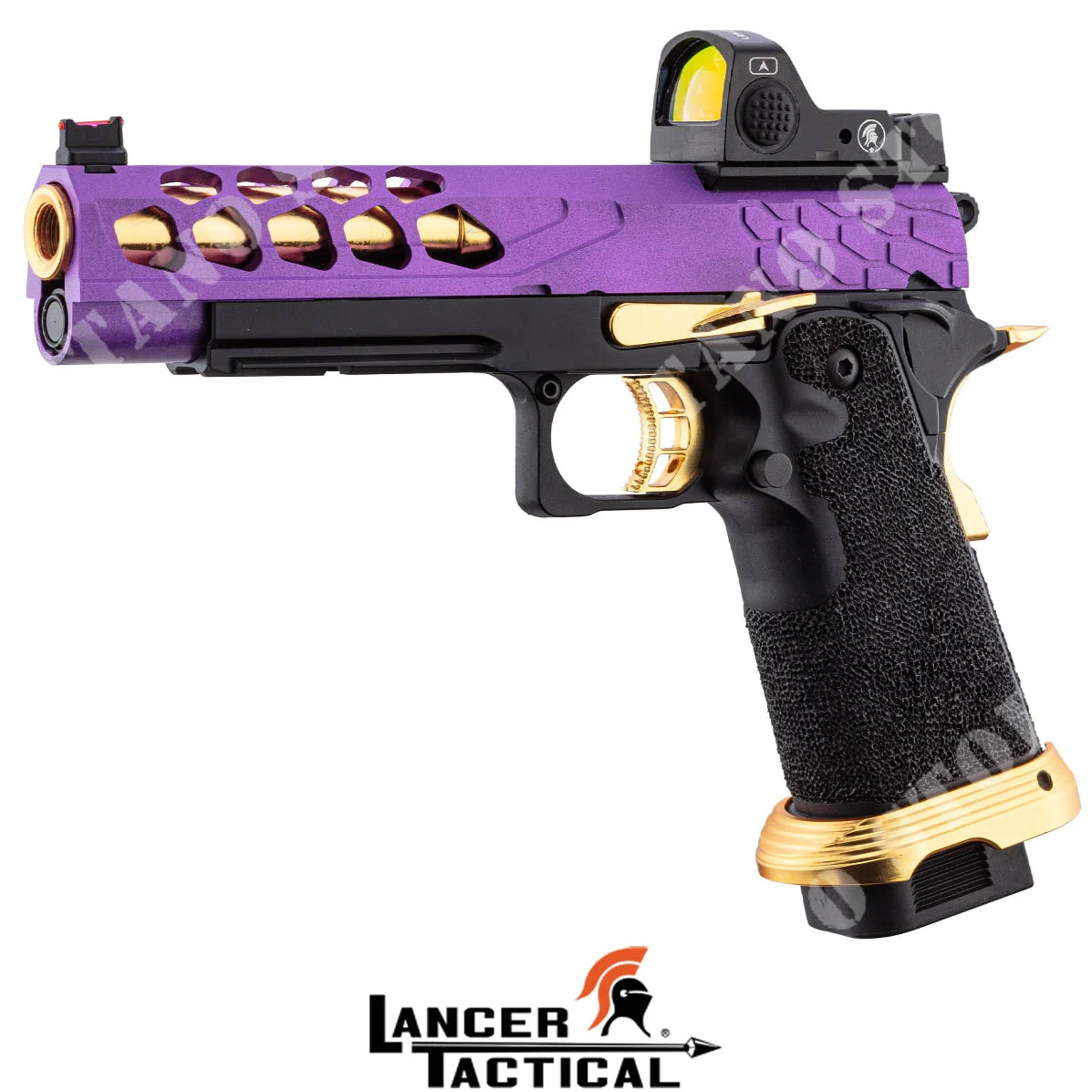 Pistola de gas STRYK KNIGHTSHADE 5.1 morada/dorada con punto rojo Lancer Tactical (LTX-7P-M-MD3)