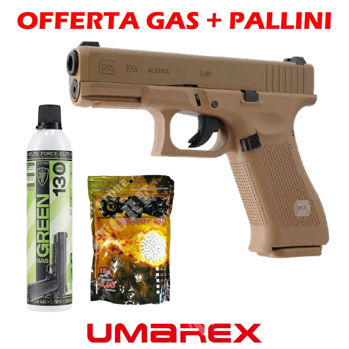 KIT DE PISTOLA DE GAS GLOCK G19X + BB + GAS TAN UMAREX (2.6459-KIT)