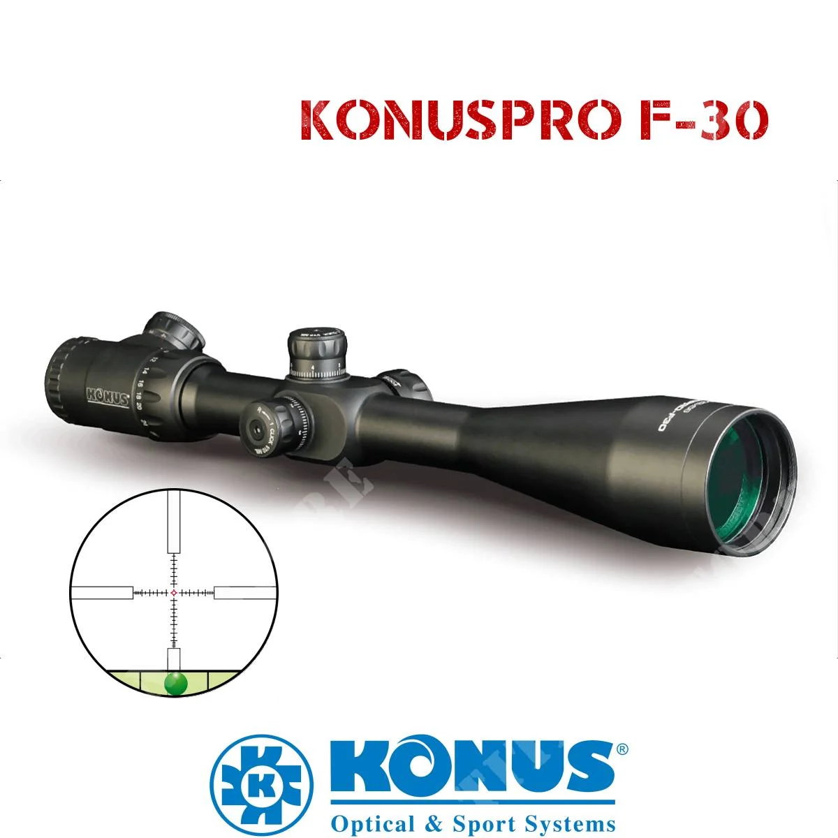 KONUSPRO F-30 8-32X56 RET. MOD. ÓPTICA. KONUS MIL-DOT ILUMINADO EN ROJO Y AZUL (7298)