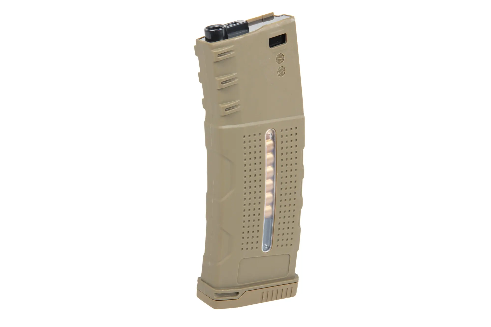 Cargador Mid-Cap de polímero para 150 perdigones Tornado con cartuchos ficticios para réplicas M4/M16 Tan