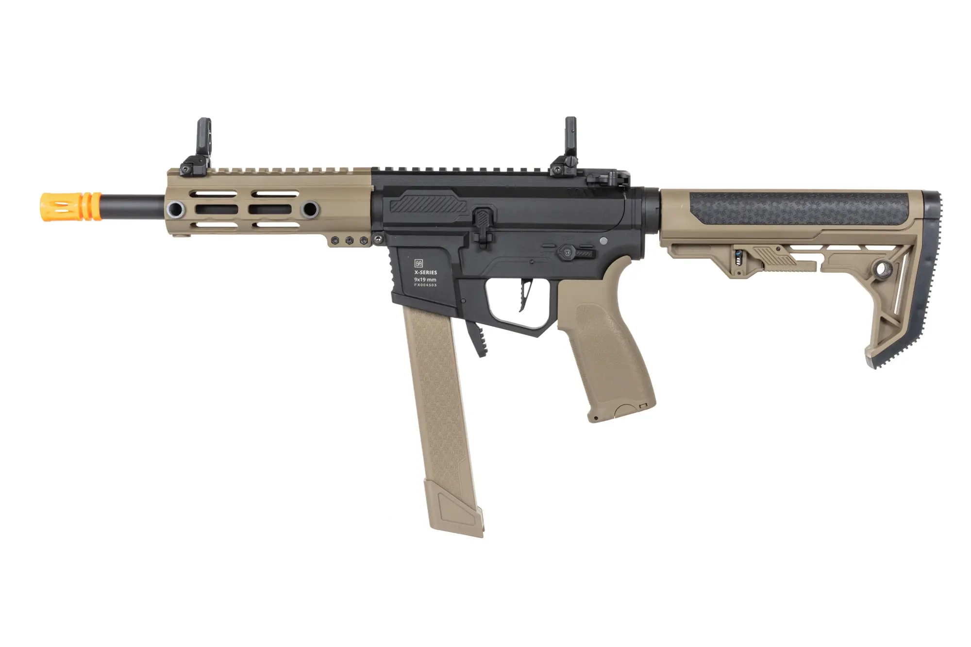 Subfusil airsoft Specna Arms SA-FX01 FLEX™ HAL ETU Half-Tan con dispositivo de descarga naranja