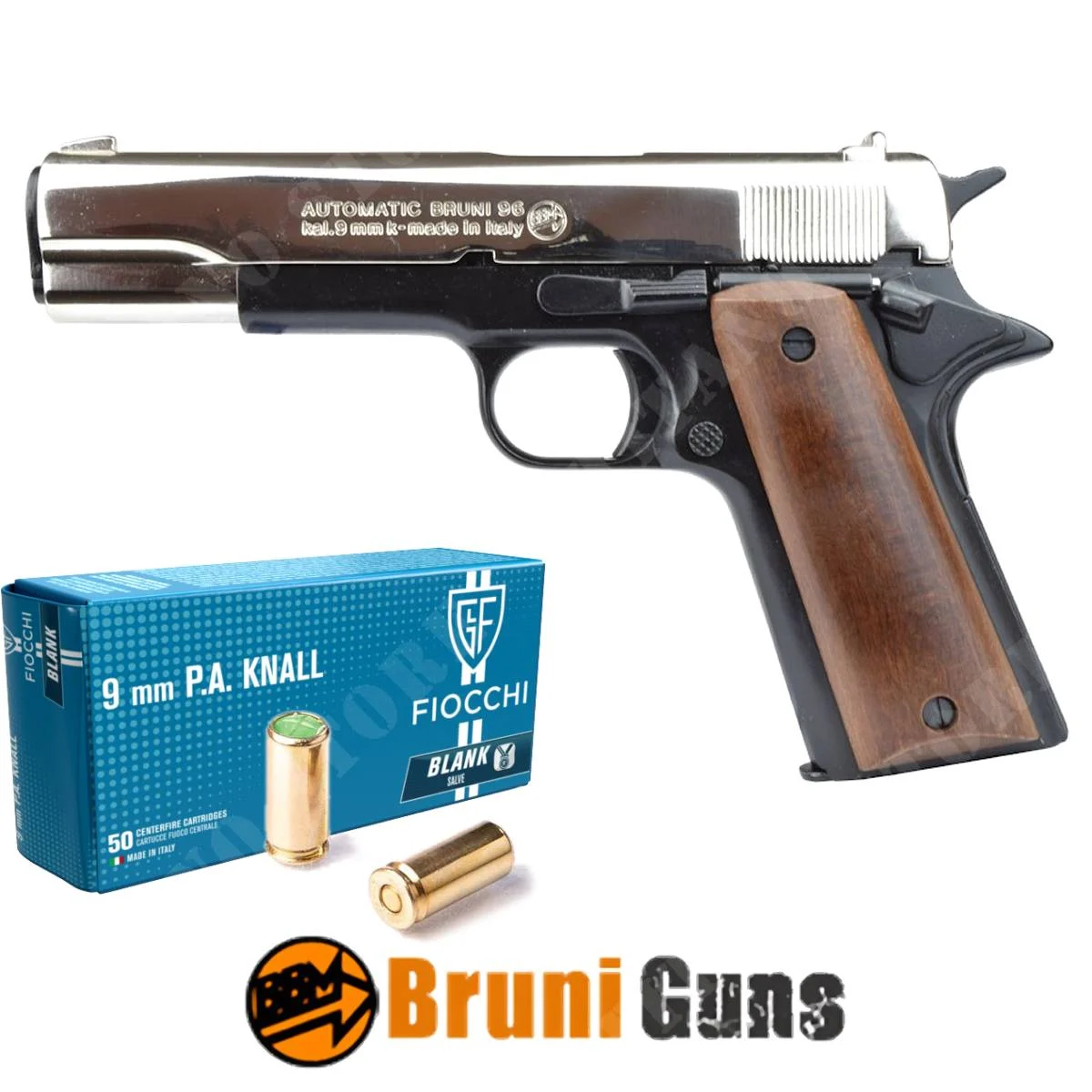 96 KIT DE PISTOLA 9MM PAK NIK/BK BRUNI + CARTUCHOS (BR-1505BN + CARTUCHOS)