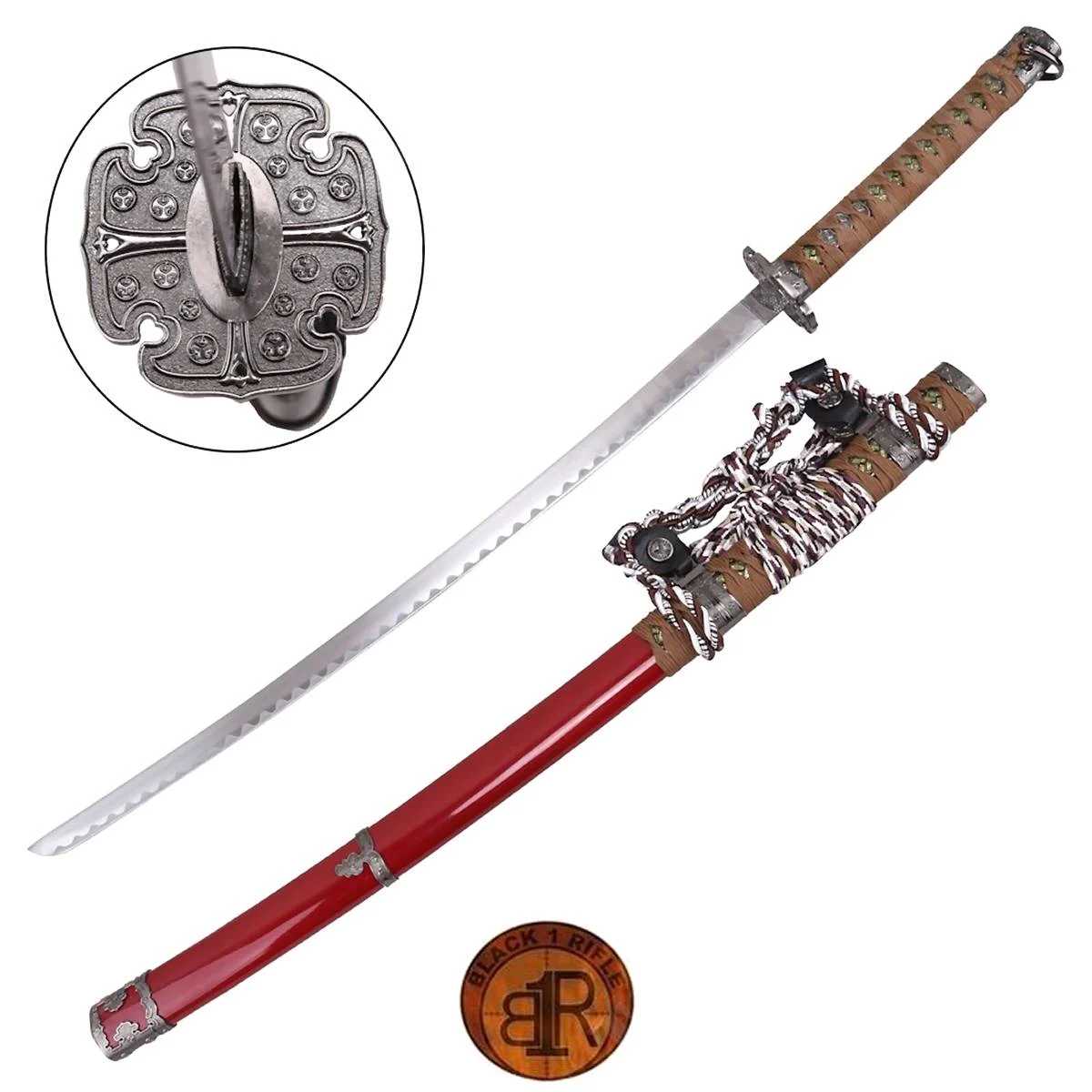 KATANA ORNAMENTAL ROJA CON TSUBA DE ACERO Y CORDÓN BLANCO (ZS730BN)