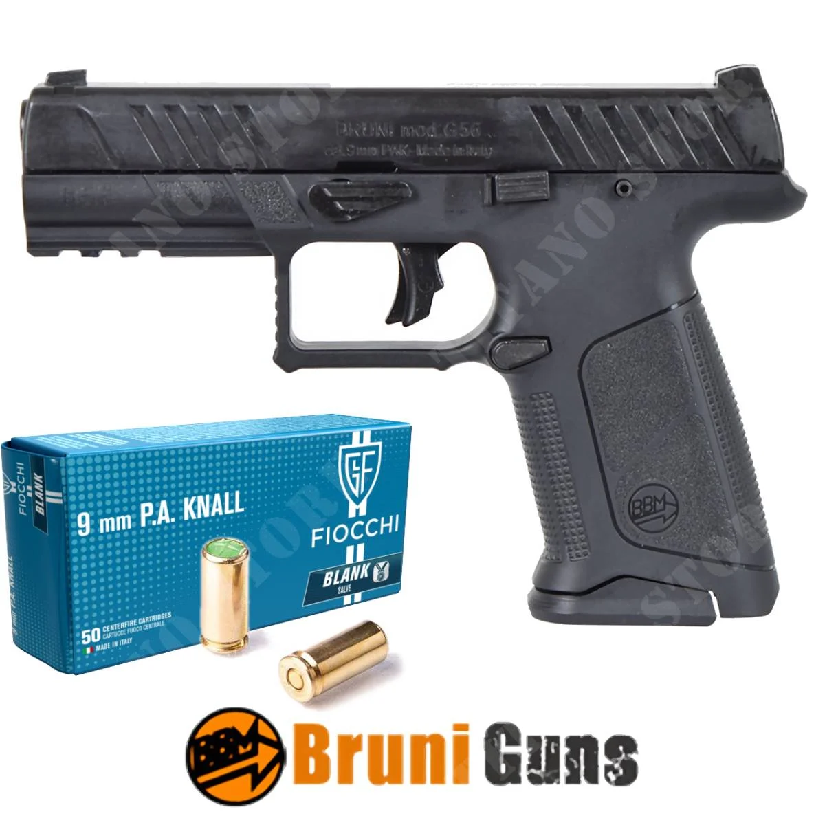 PISTOLA DE FOGUEO BRUNI GUNS G56 9MM NEGRA + CARTUCHOS (BR-5601+CARTUCHOS)